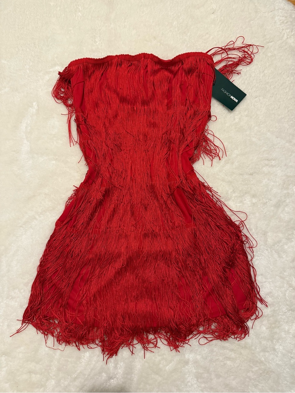 Fashion Nova Red Fringe Strapless Mini Dress